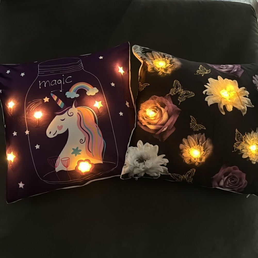 Light Up LED Decorative Unicorn Pillow Case & Flowers Pillow Case 18”x18” NEW
